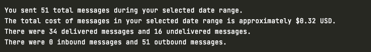 A screenshot of the text output. It reads: 'You sent 51 total messages during your selected date range. The total cost of messages in your selected date range is approximately $0.32 USD. There were 34 delivered messages and 16 undelivered messages. There were 0 inbound messages and 51 outbound messages.
