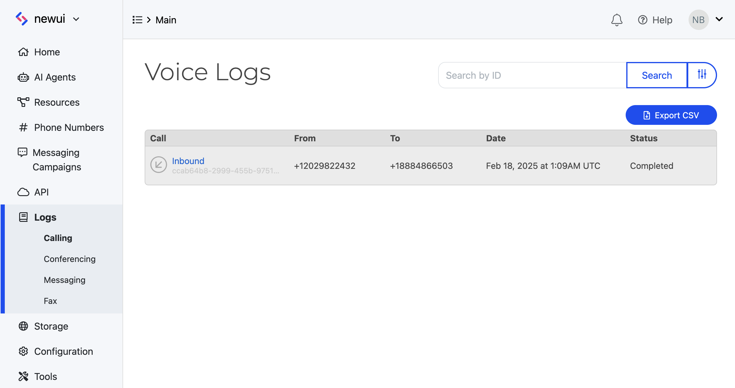 Logs section in the SignalWire Dashboard displaying log entries with their associated SIDs.